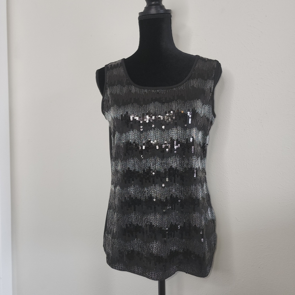 NY Collection black solver sequined striped shell‎ tank top